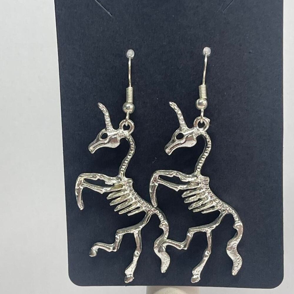 Silver Skeleton Unicorn Dangle Earrings Gothic Fantasy